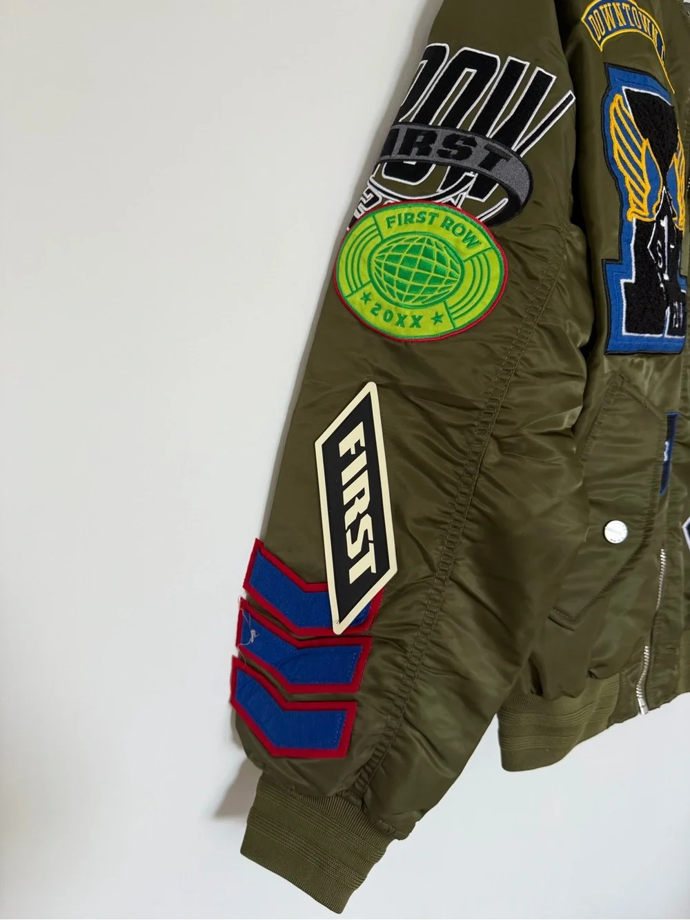 First Row Radical Olive Green Patch Bomber Jacket